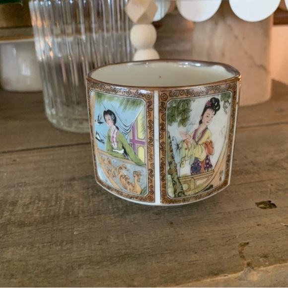 Vintage Japan Pentagon Oriental Tea cup bowl 1970s Asian Porcelain Brush pot - Picture 2 of 5